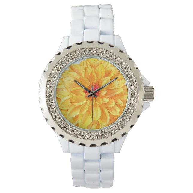 Yellow Dahlia Aquarell Armbanduhr (Vorderseite)