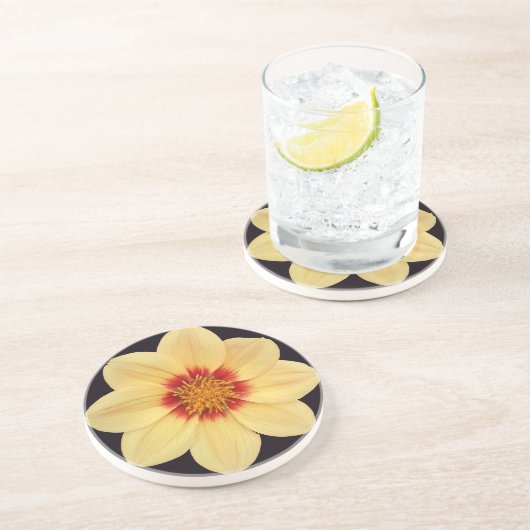 Yellow Dahlia auf Black Floral Getränkeuntersetzer (Seite)