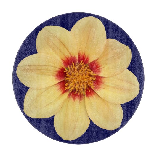 Yellow Dahlia auf Blue Floral Schneidebrett (Vorderseite)