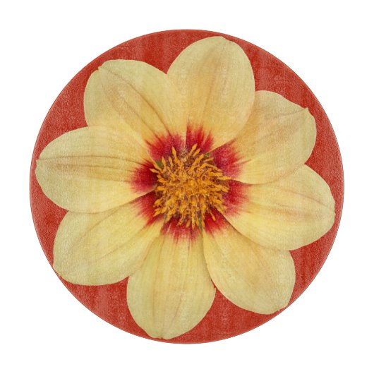 Yellow Dahlia auf Red Floral Schneidebrett (Vorderseite)