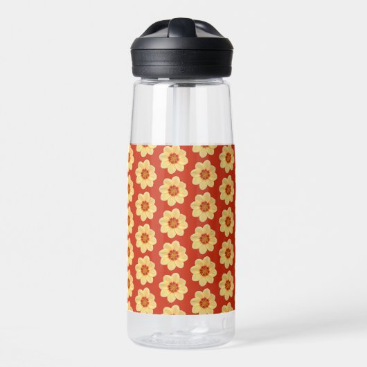 Yellow Dahlia Blume Pattern on Red Trinkflasche (Vorne)