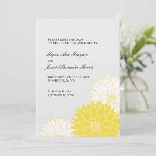 Yellow Dahlia on Gray Save The Date (Stehend Vorderseite)