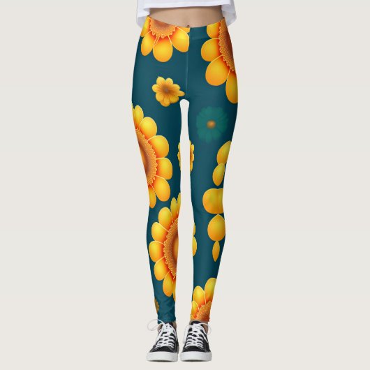 Yellow Daisies Blue Background Botanisches Muster Leggings (Vorderseite)