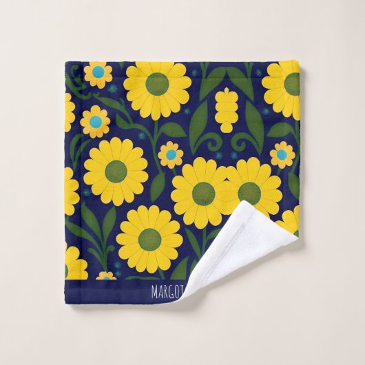 Yellow Daisies Blue Background Floral Muster Badhandtuch Set (Waschlappen)
