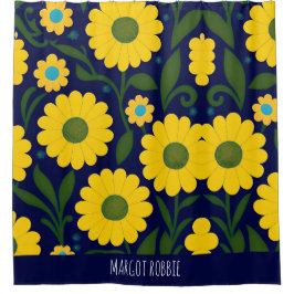 Yellow Daisies Blue Background Floral Muster Duschvorhang