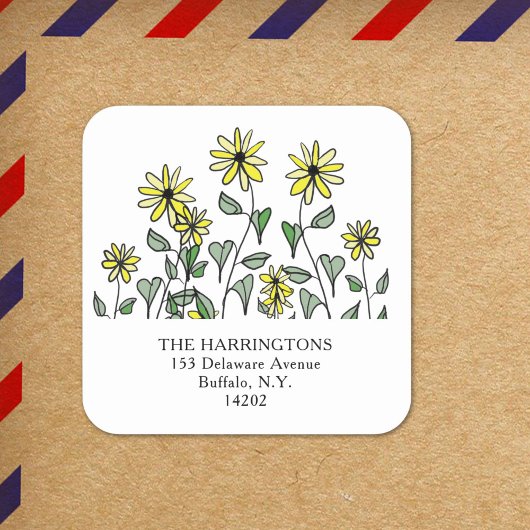 Yellow Daisies Boho Cute Wildflower Return Address Quadratischer Aufkleber