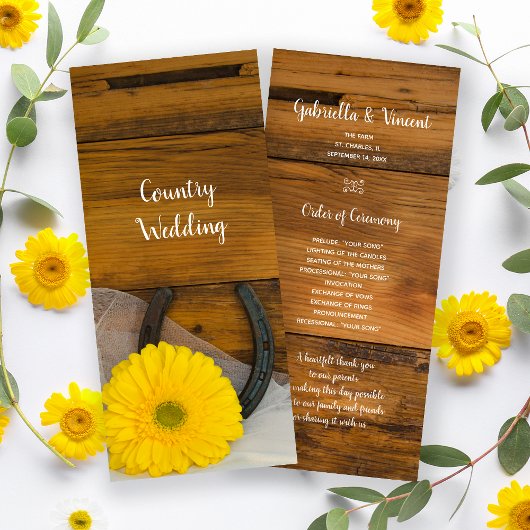 Yellow Daisy and Horseshoe Western Wedding Program Programm