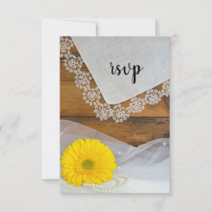 Yellow Daisy and Lace Country Barn Wedding RSVP Karte