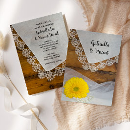 Yellow Daisy and Lace Country Stones Wedding Einladung