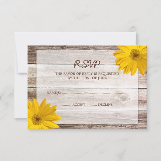 Yellow Daisy Barn Wood Wedding RSVP Response Card (Vorderseite)