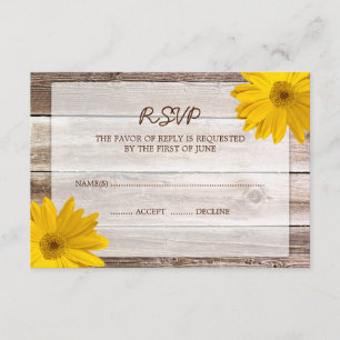 Yellow Daisy Barn Wood Wedding RSVP Response Card Karte