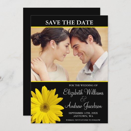 Yellow Daisy Black Foto Save the Date (Vorne/Hinten)