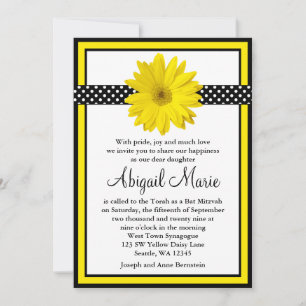 Yellow Daisy Black Polka Dots Bat Mitzvah Einladung