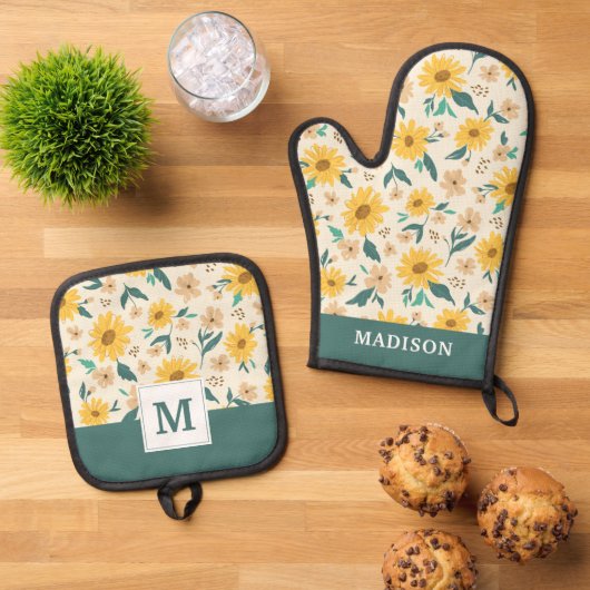 Yellow Daisy Blume Pattern Ofenhandschuh & Topflappen-Set (Oben Unten)