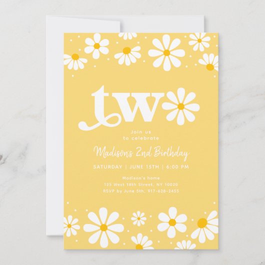 Yellow Daisy Boho Zweiter Geburtstag Einladung (Vorderseite)