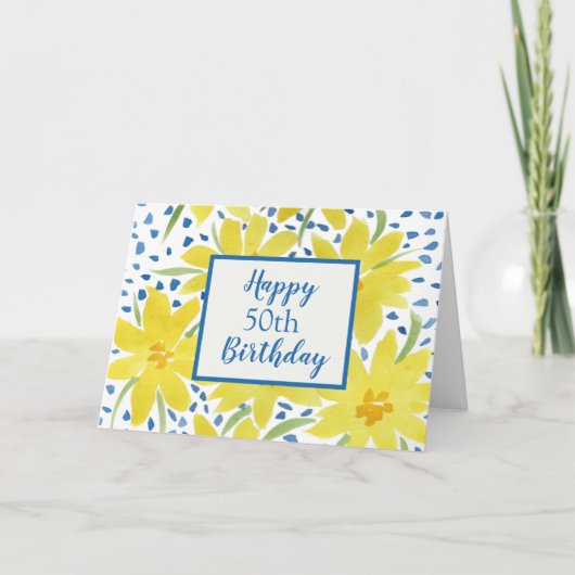 Yellow Daisy Bouquet Blue Dots Custom Geburtstag Karte (Vorderseite)