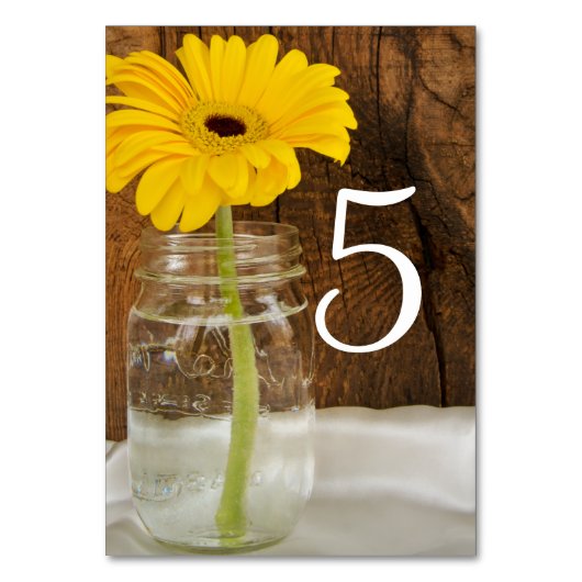 Yellow Daisy in Mason Jar Wedding Tischnummern (Rückseite)