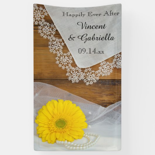 Yellow Daisy, Lace and Barn Wood Country Wedding Banner (Vertikal)