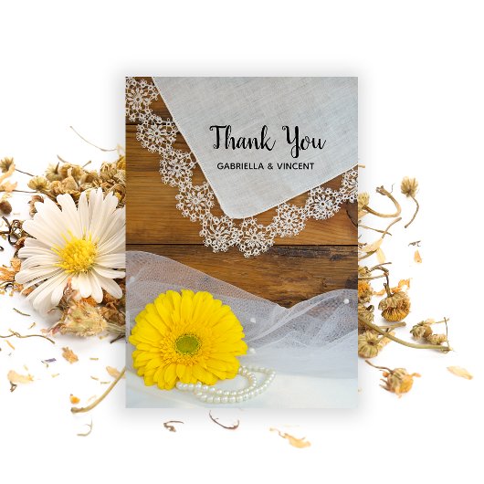 Yellow Daisy Lace Country Barn Wedding Vielen Dank Dankeskarte