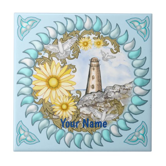 Yellow Daisy Lighthouse Fliese (Vorderseite)