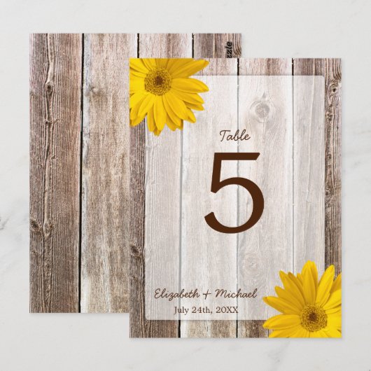 Yellow Daisy Rustic Barn Wood Wedding Tischnummer (Vorne/Hinten)