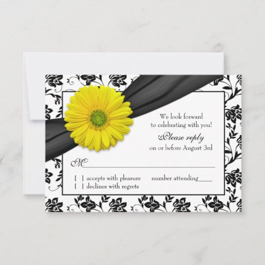 Yellow Daisy Schwarz-weiß Floral Wedding RSVP (Vorderseite)