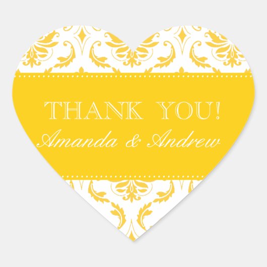 Yellow Damask Personalisiert Wedding Danke Herz-Aufkleber (Vorderseite)