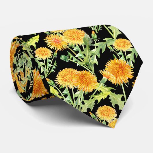 Yellow Dandelion Flowers on Black Krawatte (Gerollt)