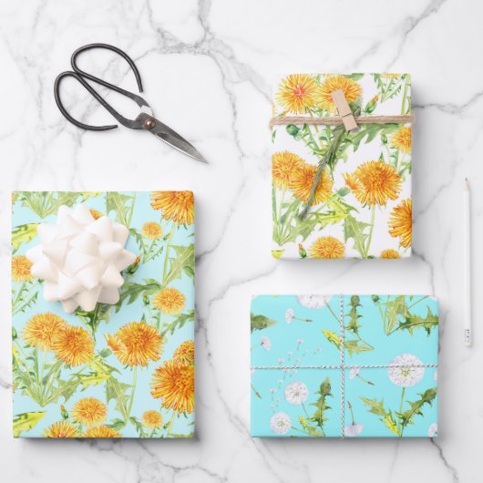 Yellow Dandelions and Dandelion Fluff Geschenkpapier Set (Vorderseite)