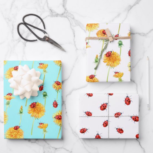 Yellow Dandelions and Red Ladybugs Geschenkpapier Set (Vorderseite)