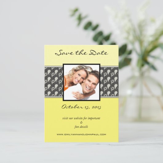 Yellow Deep Gray Paisley Save the Date Ihre Fotos Ankündigungspostkarte (Stehend Vorderseite)