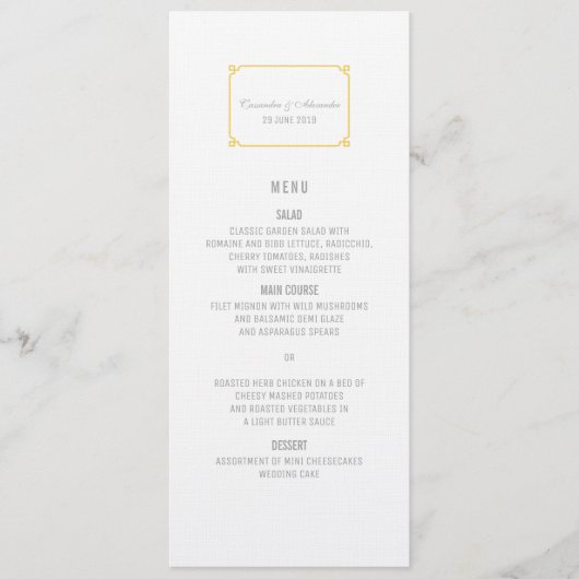 Yellow Deko Chic Wedding Menu Menükarte (Vorderseite)