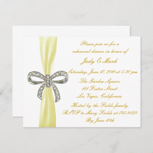 Yellow Diamond Bow Wedding Probe Dinner Einladung (Vorne/Hinten)