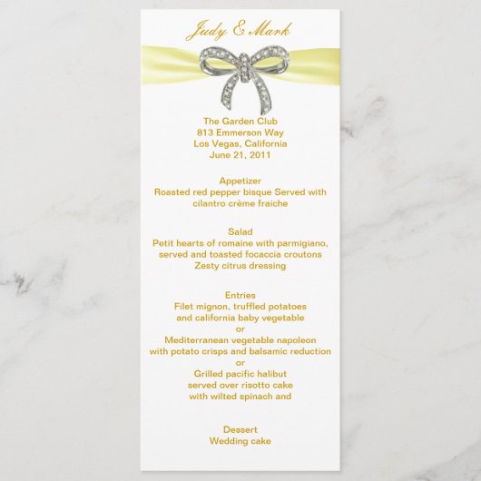 Yellow Diamond Bow Wedelkarte Menükarte (Vorderseite)
