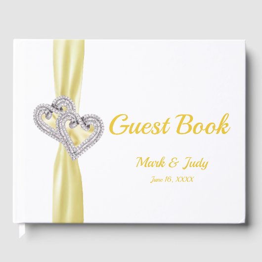 Yellow Diamond Hearts Wedding Guestbook Gästebuch (Vorderseite)