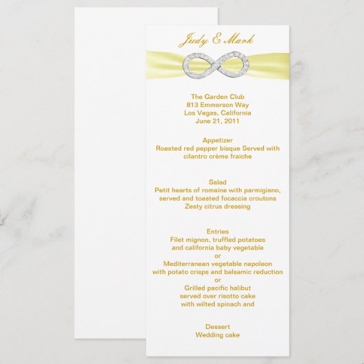 Yellow Diamond Infinity Wedding Menu Card Menükarte (Vorne/Hinten)
