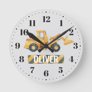 Yellow Digger Boys Nursery Bedroom Decor Add Name Runde Wanduhr
