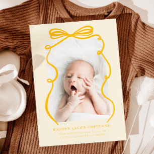 Yellow Doodle Bow Frame Birth Announcement Foto Ankündigung