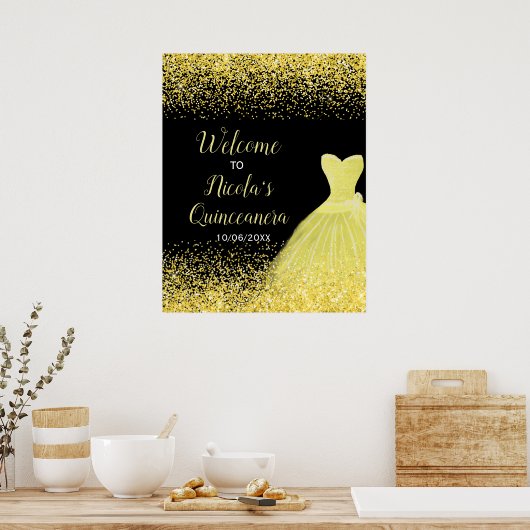 Yellow Dress Imitats Glitzer Quinceanera Willkomme Poster (Küche)