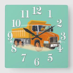 Yellow Dump Truck Cartoon für Kinder Quadratische Wanduhr