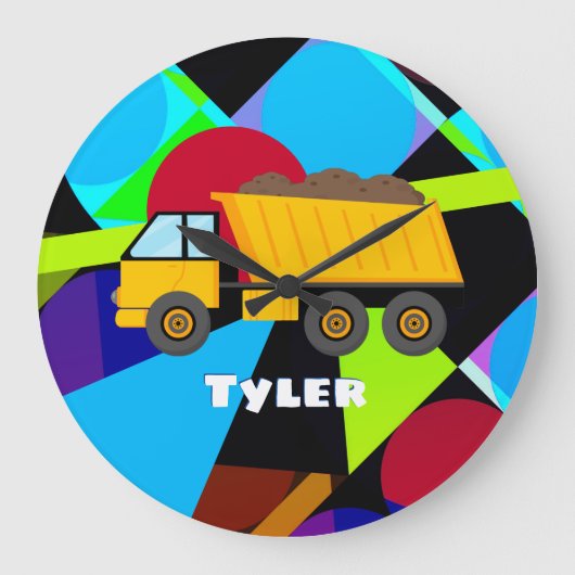 Yellow Dump Truck, Geometric Shapes, Child's Name Große Wanduhr (Vorderseite)