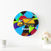 Yellow Dump Truck, Geometric Shapes, Child's Name Große Wanduhr (Zuhause)