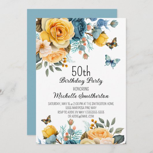 Yellow Dusty Blue Rose Schmetterlinge 50. Geburtst Einladung (Vorne/Hinten)