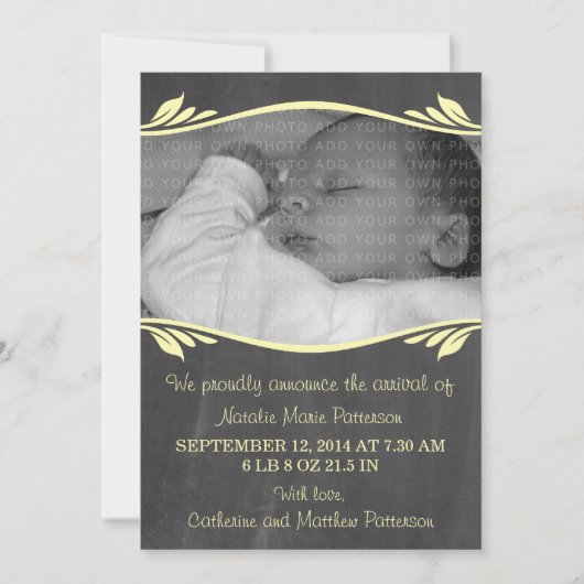 Yellow Elegant Chalkboard Baby Ankündigung (Vorderseite)