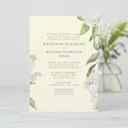 Yellow Elegant White Hydrangea Wedding Einladung (Stehend Vorderseite)