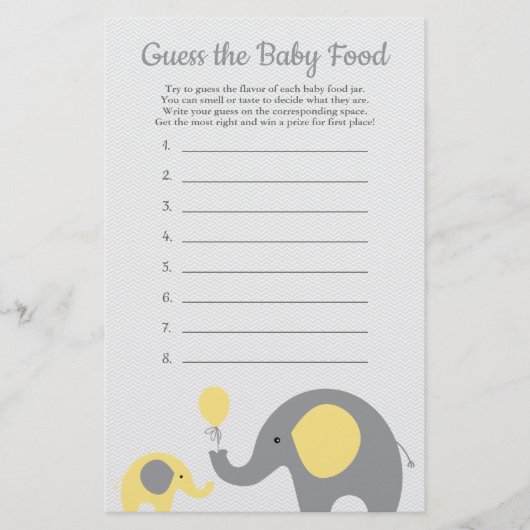 Yellow Elephant Baby Dusche Ratet Baby Food Game Flyer (Vorne)