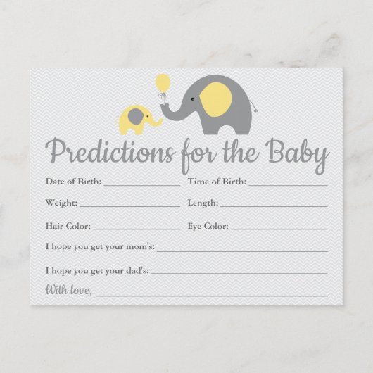 Yellow Elephant Baby Predictions Cards Kinderdusch Einladungspostkarte (Vorderseite)