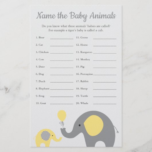 Yellow Elephant Baby Shooter Baby Animal Name Game Flyer (Vorne)