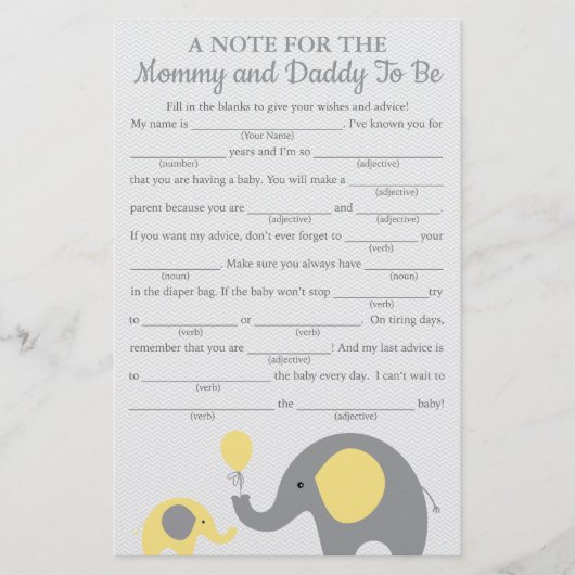Yellow Elephant Baby Shower Advisor Game Cards (Vorderseite)