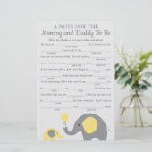 Yellow Elephant Baby Shower Advisor Game Cards (Stehend Vorderseite)